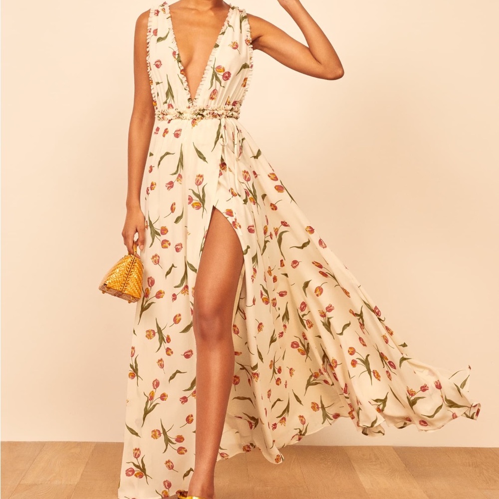 Reformation Cream Floral Maxi Dress with Green and Pink Print
